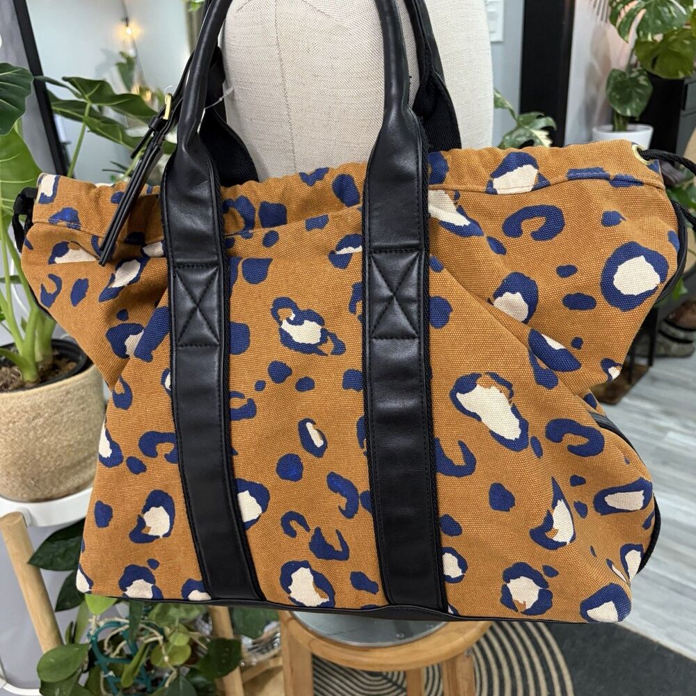 Oversized Leopard Print Weekender Bag Canvas Travel Tote Drawstring Carry On